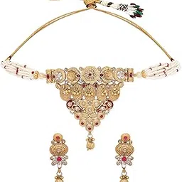 Gold-Toned Handcrafted Artificial Jewelry Choker Set with White Beads & Matching Earrings For Women and Girls – Perfect for Weddings and Special Occasions-image-1