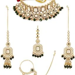 zaveri pearls Green Beads Drop Stones Bridal Choker Necklace Earring Maangtikka & Nose Ring Set For Women-ZPFK21680-picture-13