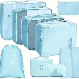 House of Quirk Polyester 9Pcs Set Travel Organizer Packing Cubes Lightweight Travel Luggage Organizers With Laundry Bag Or Toiletry Bag(Light Blue),30 Cm,12 Cm-picture-47