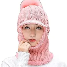 krystle Women and Girls Warm Winter Knitted Hats Add Fur Lined Warm Winter Hats That Cover Face with Attached Neck Cover and Mask, Warmer Balaclava Pompoms Cap.d (Pink)-picture-14