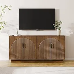TGF Furniture Store Modern TV Stand with Ribbed Arch Doors, Walnut Wood Media Console Cabinet, Brass Handles, 4-Door Storage-picture-18