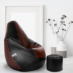 LEXAVI Brand XXXXL Combo Filled Beanbag with Footrest (Tan Black)-image-42