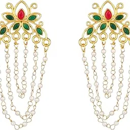stefan Gold-tone Chandelier Earrings with Red & Green Crystal and Pearl Chains (AC-133)-picture-19