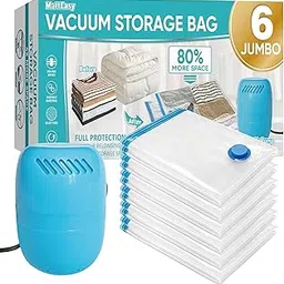MattEasy Polyethylene 6 Jumbo Vacuum Storage Bags With Electric Pump, Space Saver Bags With Pump, Storage Vacuum Sealed Bags For Clothes, Comforters, Blankets, Bedding, With Electric Pump (Blue)-image-0