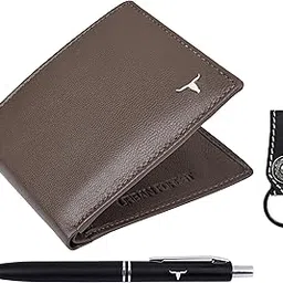 urban forest Gary Aniline Taupe Leather Wallet, Black Pen & Keychain Combo Gift Set for Men image 1