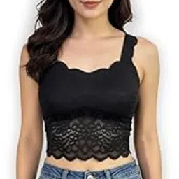 damselle Women’s Lace Crop Top with Scalloped Straps – Olive Green Sleeveless Stretch Camisole for Casual, Party & Evening Outfits-picture-54