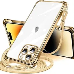 Smartphone Case for iPhone 14 Pro, Clear, Shoulder Strap, Crossbody, Rope Strap, Transparent, Thin, Lightweight, Shockproof, TPU, Strap Included, Crossbody Strap, Neck Strap, Shoulder Case, Adjustable Length, Removable, Drop Prevention, Loss Prevention, Wireless Charging (Gold)-image-27