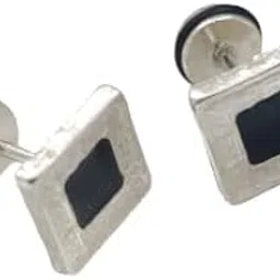 Square Magnetic Stud Earrings, Silver-Plated, Unisex Fashion Jewellery with Black Centre-image-30
