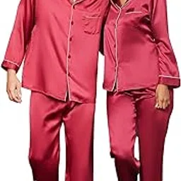 luxeliv Crimson Red Satin Loungewear Set for Men and Women with Elastic Pyjama | Sleepwear Dress for Couples| Soft and Comfortable Nightwear-picture-19