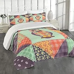 Lunarable Owls Coverlet, Owl with Heart Shapes Polkadots Checked Classic Design Pattern Background, 3 Piece Decorative Quilted Bedspread Set with 2 Pillow Shams, King Size, Mint Green-picture-35