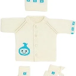 Handmade Woolen Baby Sweater Set – 3-Piece Knitted Newborn Outfit with Cap & Booties (Cream with Blue Design)-picture-55