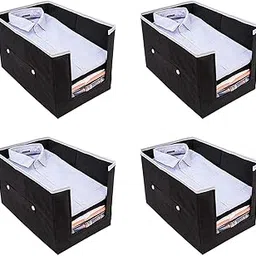 Foldable Shirt Organizer for Wardrobe, Non-Woven Clothes Stacker with Handle, Closet Storage Box for T-Shirts & Garments – Black, 40x20x25 cm (Pack of 4)-picture-31