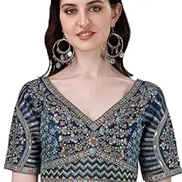 Mills Women's Fancy Readymade Heavy Coding Embroidary Worked Half Sleeve Multicolor Saree Blouse(Mushroom)-image-54