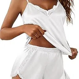 Womens Silk Pajama Sets Lace Camisole Shorts Set Lingerie Satin Sleepwear V Neck Pj-image-29