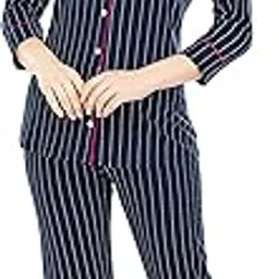 zeyo Women's Cotton Strip Printed Relaxed Night Suit Set Of Shirt & Pyjama 5273-picture-27