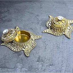 Lushure Premium Swastik Shape Sindoor Daani Box – Ornate Metal Kumkum Container with Intricate Mirror Work & Gem Embellishments – Designer Sindur Dabbi for Puja & Wedding Gift (Swastik Shape)-image-16