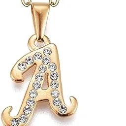 Stainless Steel No-Tarnish No-Rusting Gold Plated Initial Letter Alphabet 'A' Crystal Charm Pendant for Men and Women (NK0942)-image-7