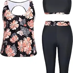 3 Piece Plus Size Swimsuits for Women Tankini Tops with Sports Bra and Swim Capris Athletic Bathing Suits, Black Floral, 20 Plus-image-16
