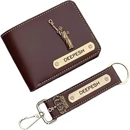 the unique gift studio Customized Wallet and Keychain Combo for Men Personalized Wallet Keychain Set with Name Printed | Leather Name Wallet Keychain for Men | Customised Gifts for Men with Name & Charm - Brown-picture-29