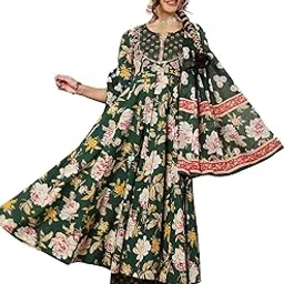 kimayra Women's Cotton Calf Length Printed Flared Round Neck Kurta Bottom Dupatta Set-picture-16