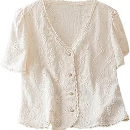 gorglitter Women's Pearl Button Down Lace Blouses V Neck Puff Short Sleeve Eyelet Shirts Top-picture-16