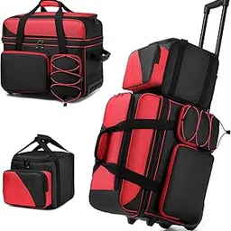 2 Ball Bowling Bag with Wheels + 1 Ball Add On Tote, 3 Ball Bowling Bag Double Roller Bowling Ball Bag with Multi-pocket, Bowling Roller Bag with Shoe Compartment for 3 Ball / 2 Ball / 1 Ball (Red)-picture-11