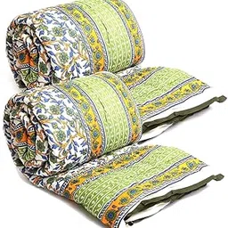 SVT Traditional Famous Jaipuri Beautiful Floral Print in White Blue& Green Jaipuri Rajai/Razai/Quilt Single/Single Bed Quilt/Comforter/AC Quilt/AC Comforter(Set of 2)-picture-21