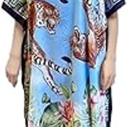 maatirdesigns Tiger in The Sky Long Kaftan | Tropical Print Long Sleeve Kaftan Coverup, Silk Vegan with a Pashmina Texture Fabric Blue-picture-31
