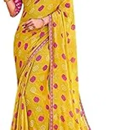 Yellow And Pink Printed Chiffon Traditional Designer Bandhani Print Lace Work Saree for Women With Unstitched Blouse Piece | Festive Look Saree With Fancy Blouse Piece-image-42