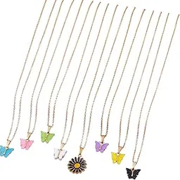 Gold Plated Chain Necklace Set with Enamel Butterfly Pendants in Multiple Colors and Black Daisy Flower Pendant – Lightweight Jewelry for Women and Girls Pieces of 8-image-0