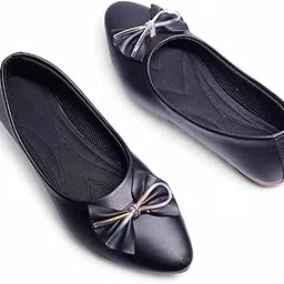 Women's Classic Ballet Flats, Navy Blue, Faux Leather, Bow Detail, Slip-On Comfort Shoes-picture-49
