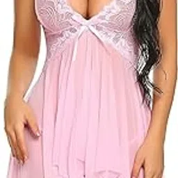 Women’s Black Lace Babydoll Nightwear Sheer Net Sleepwear with Satin Bow Elegant Lingerie Dress with Adjustable Straps-image-25