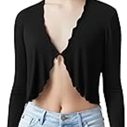 Women’s Cropped Tie-Front Shrug Cardigan | Soft Ribbed Knit Long Sleeve V-Neck Top | Stylish Summer Cardigan, Casual Beach & Vacation Wear | Full Sleeve Front Tie Shrug for Women-picture-43