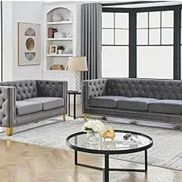 KINFFICT Velvet Living Room Sofa Set of 2, Comfy Loveseat and 3 Seater Couch, Modern Sofa with Tufted Back and Rivet Decoration, Upholstered Long Couch with Solid Golden Metal Tapered Legs, Grey-picture-30