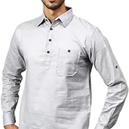 yugnik Men's Full Sleeve Slim Fit Spread Collar Beige Color Pure Cotton Short Kurta-picture-45