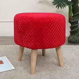 TRINEYA Round Velvet Ottoman Footstool with Wooden Legs, Quilted Diamond Pattern, Red, 40 cm-picture-40