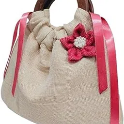 athz Potli bags with Satin Pink Ribbon & Pink Jute Flower Wooden handle hanging Solid Plain Jute hand carry bags for women-picture-42