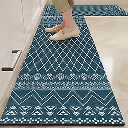Yellow Weaves– Non-Slip Kitchen Floor Mats, Water Absorbent, Rugs,Standing Rubber Mats for Kitchen, Office, Sink and Laundry Room, Geometric Teal Blue (Pack of 2)-image-90
