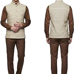 Bhagalpur Handloomed Pure Silk Traditional Indian Nehru Jacket Modi Bandi Koti, Beige Cream, Formal Ethnic Wedding Office Casual Wear, Size 36 for 35-36 Inch Chest image 1