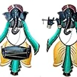 VILLAGE KRAFT Iron Metal Handcrafted Gaanesha Playing Flute Bansuri Wall Art Decor,Multicolor, Wall-Mount Sculpture for Home, Living Room,Hotel, Office,Temple for Devotees, Festivals -48X17 cm, Pack of 4-image-1