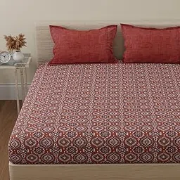 Huesland by Ahmedabad Cotton 144 TC Double Bedsheet Cotton with 2 Pillow Covers | Brown & White-picture-31