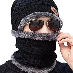 ablue clipper Woolen Beanie/Skull Cap & Neck Warmer (Muffler) Combo for Winters with Faux Fur Inner Side |Warm Hat| Hedging Hat Scarf Set | Winter Cap | Air Proof Cap | Woolen Cap-picture-48