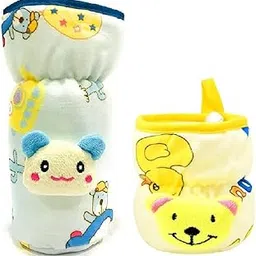 Lappu Soft Plush Stretchable Baby Feeding Bottle Cover Tote Bag Carrier Set of 2 (Wide Neck 125ml/4oz 240-330ml/8-11oz- Blue Yellow)-image-0
