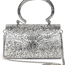 mls handicrafts Girls/Women Small Size Handle Clutch Brass metal bag Ethnic clutch (Silver)-picture-35