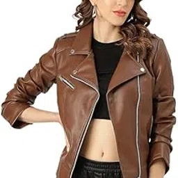Women | Girls Faux Leather Biker Jacket with Lapel Collar-picture-27