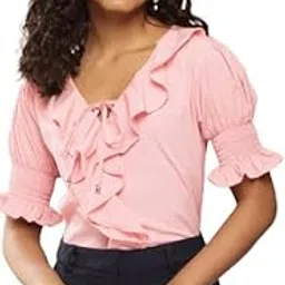 ironic creation Casual Puff Sleeves Solid Women Pink Top Top Fashion wear top-picture-12