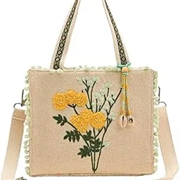 boho girl Marigold Mini Tote Bag | Floral Embroidered Hand Bag with Pom-Poms & Tassel | Stylish Women Handbag, Shoulder Bag, Shoulder Women Bag with Inside Pocket | Jacquard Canvas Material 316-picture-51