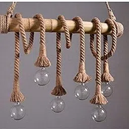 WHITERAY Retro Bamboo Rope Hemp 40 Watts Rectangular Vintage Pendant Lamp (Beige) - 6 Light for Bedroom, Living Room, Café, Restaurant, Hallway, Kitchen, Over The Dining Table, Hotels (with Bulb)-image-67