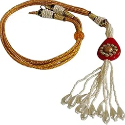 SHARALLE Decorative Pearl Beaded Kundan Tassel Necklace Back Rope, Adjustable, Pinkish Red and Gold- Pack of 1-picture-33