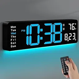 Abovsare Plastic Digital Wall Clock Large Display 16.2 Inch Large Wall Clocks Led Digital Clock with Remote Control Automatic Brightness Dimmer Big Clock with Date Week Temperature (Blue RGB)-image-71